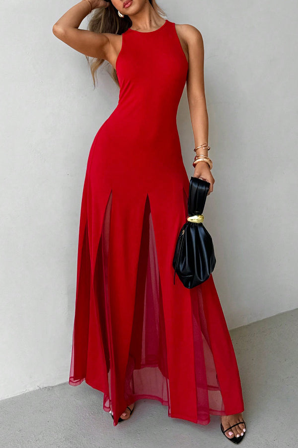 Sheer Patchwork Hem Sleeveless Maxi Dress | Vacation & Party