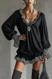 Patchwork Ruffle Mini Dress | Loose Long-Sleeve V-Neck