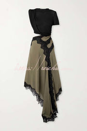 Ribbed Knit Cutout Waist Asymmetric Lace Hem Maxi Dress