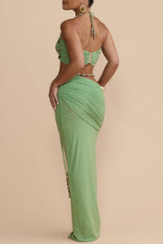 Stretch Mesh Beaded Sweetheart Crop Halter Top