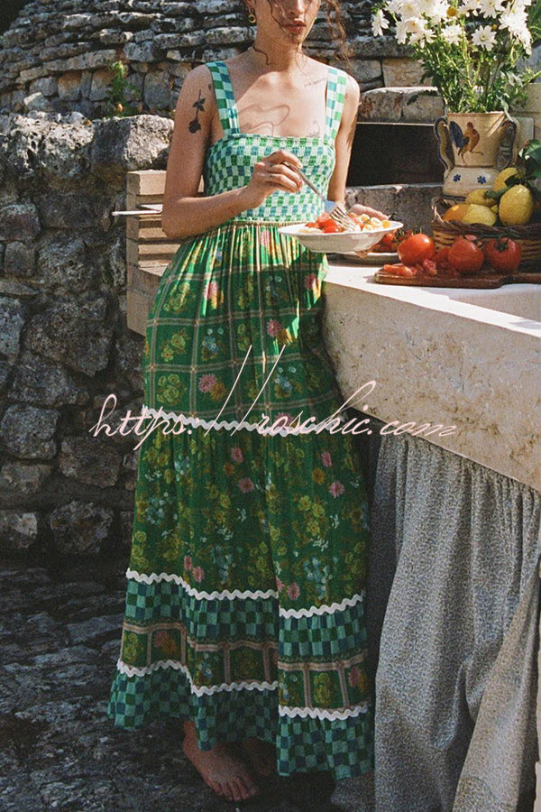 Ric Rac Trim Smocked Bust Lace-Up Maxi Dress