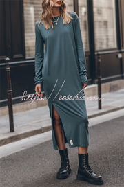 Cotton Blend Long Sleeve Midi Dress – Relaxed Fit