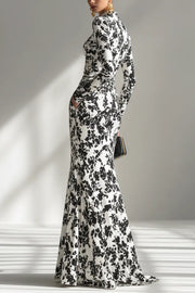 Black & White Printed Long-Sleeve Pleated Maxi Dress