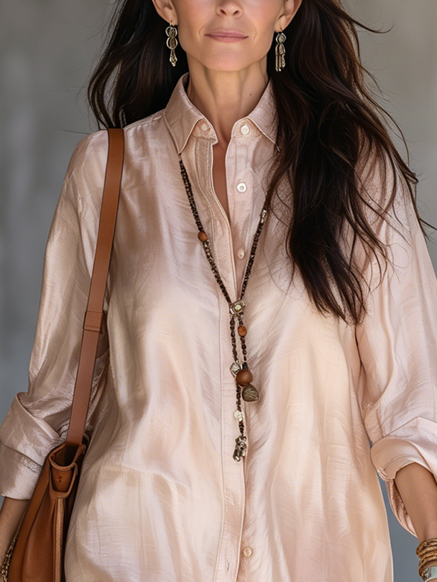 Blush Pink Boho Midi Shirt Dress with Waist Tie