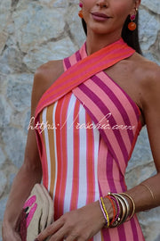Linen Blend Striped Cross Halter Flare Maxi Dress