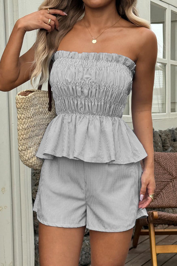 Striped Off-Shoulder Ruched Top & Pocket Shorts Set