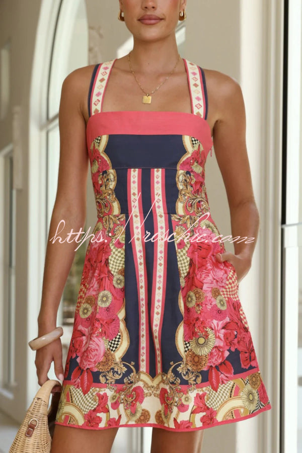 Printed Square Neck Sleeveless Mini Dress with Pockets