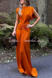 Satin Maxi Dress Short Sleeve Ruched Waist V-Back Gown