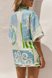 Linen Blend Ric Rac Trim Printed Shirt & Wrap Mini Skirt Set