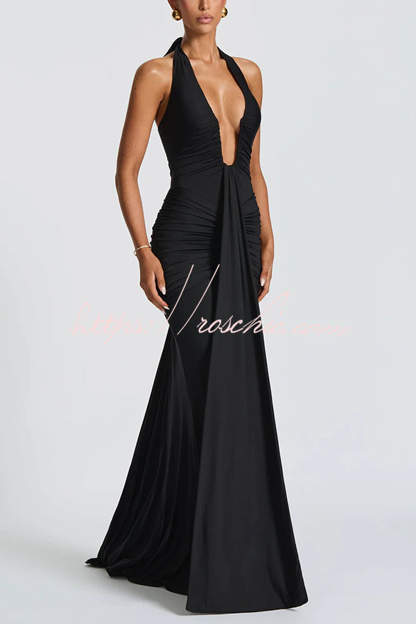 Halter V-Neck Open Back Maxi Dress – Solid Color Slim Fit