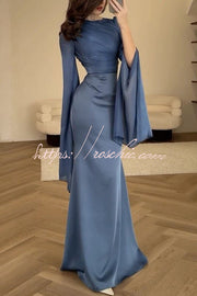 Ruched Organza Satin Patchwork Maxi Dress with Bell Sleeves