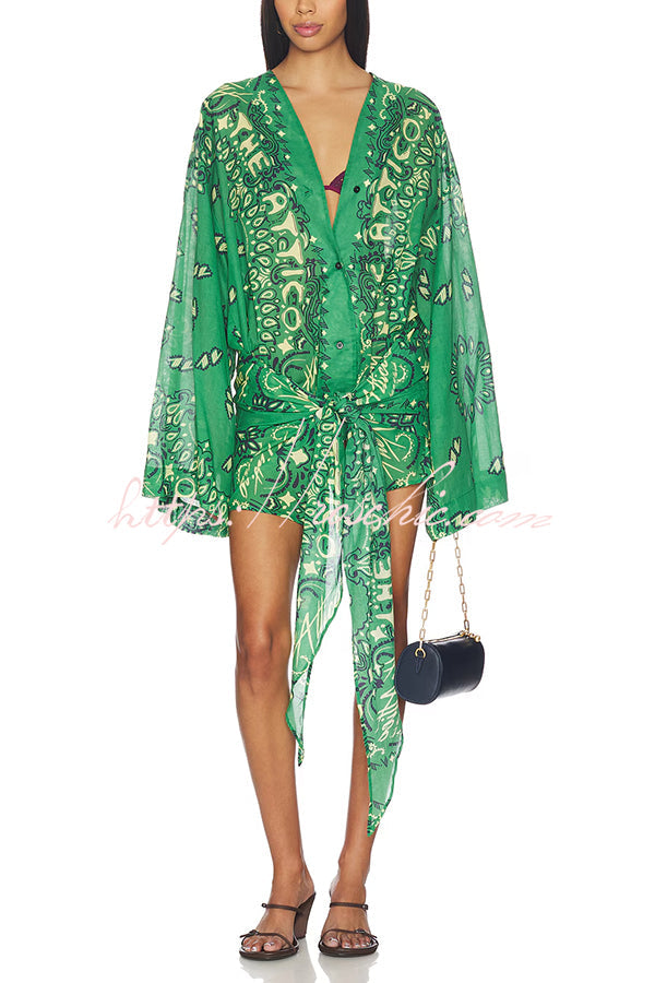 Linen Blend Ethnic Print Bell Sleeve Mini Wrap Dress