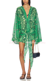 Linen Blend Ethnic Print Bell Sleeve Mini Wrap Dress