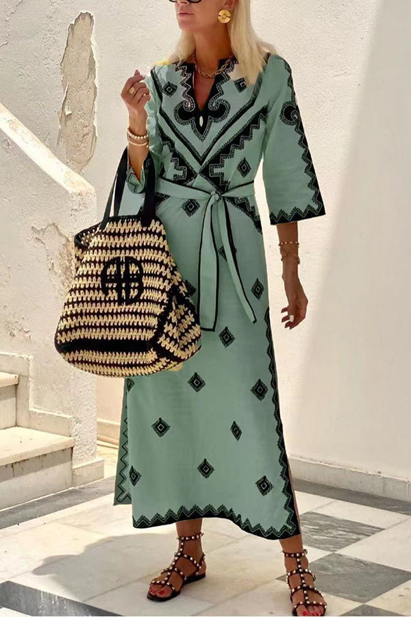 Linen Blend Ethnic Print Belted Midi Dress | Vacation Style