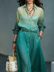 Teal Ombre Long Sleeve Midi Shirt Dress – Bohemian Style