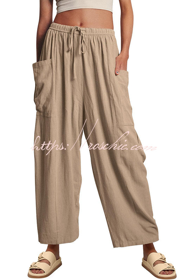 Linen Blend Drawstring Pants with Pockets – Loose Fit