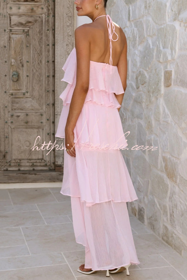 Chiffon Halter Neck Ruffle Maxi Dress – Loose Fit