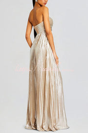 Metallic Pleated Off-Shoulder High Slit Maxi Dress