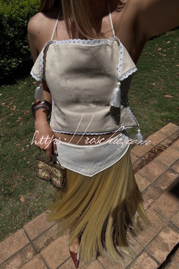Halter Neck Lace-Up Backless Crop Top with Tassel Detail