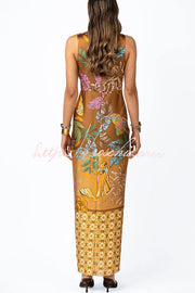 Satin Floral Print Twist Waist Maxi Dress with Front Slit
