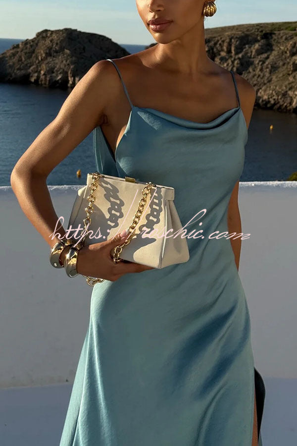 Satin Draped Neck Backless Ruffle Slit Maxi Dress