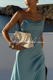 Satin Draped Neck Backless Ruffle Slit Maxi Dress