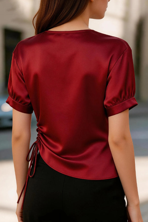 Satin V-Neck Short Sleeve Top with Side Ruching