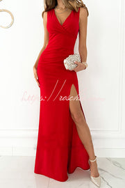 V-Neck Ruched Slit Maxi Dress for Parties