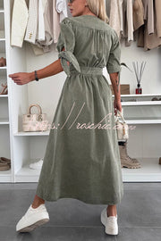 Denim Midi Dress V-Neck Button-Down Half Sleeve Loose Fit