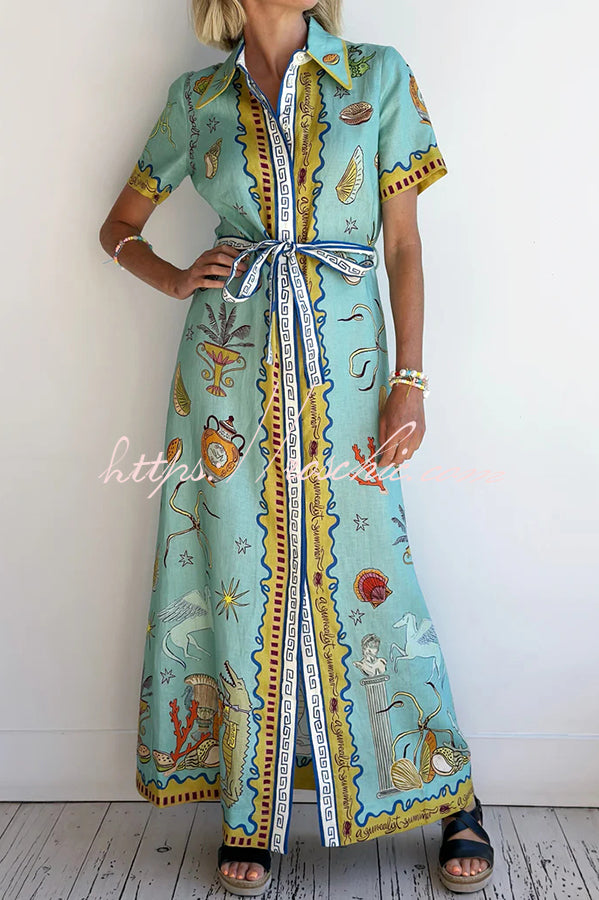 Linen Blend Maxi Dress | Unique Print Tie-Up Shirt Dress