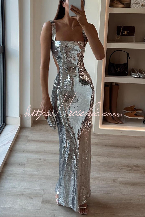 Sequin Backless Maxi Dress – Wide Strap Cutout Waist
