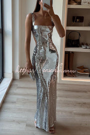 Sequin Backless Maxi Dress – Wide Strap Cutout Waist