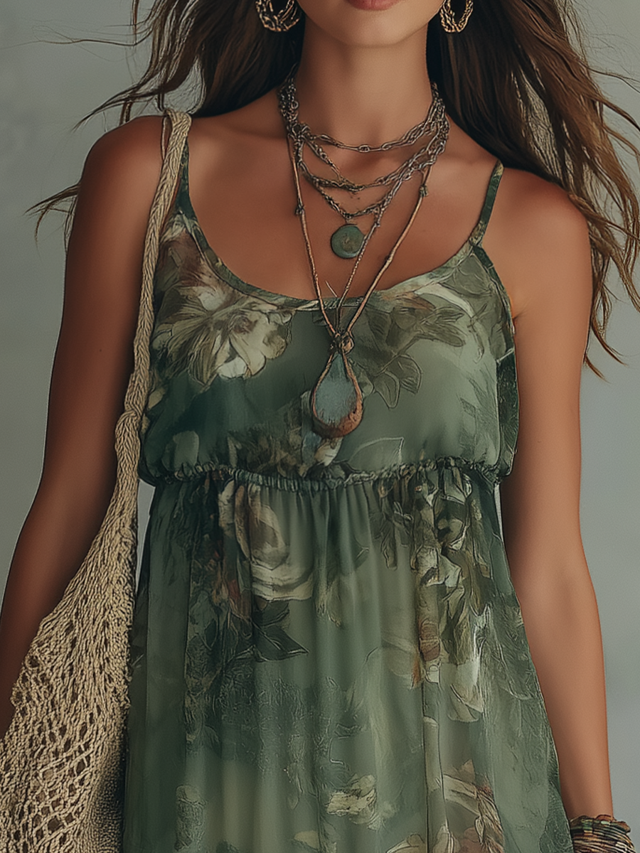 Olive Floral Sleeveless Maxi Dress – Flowing Boho Style