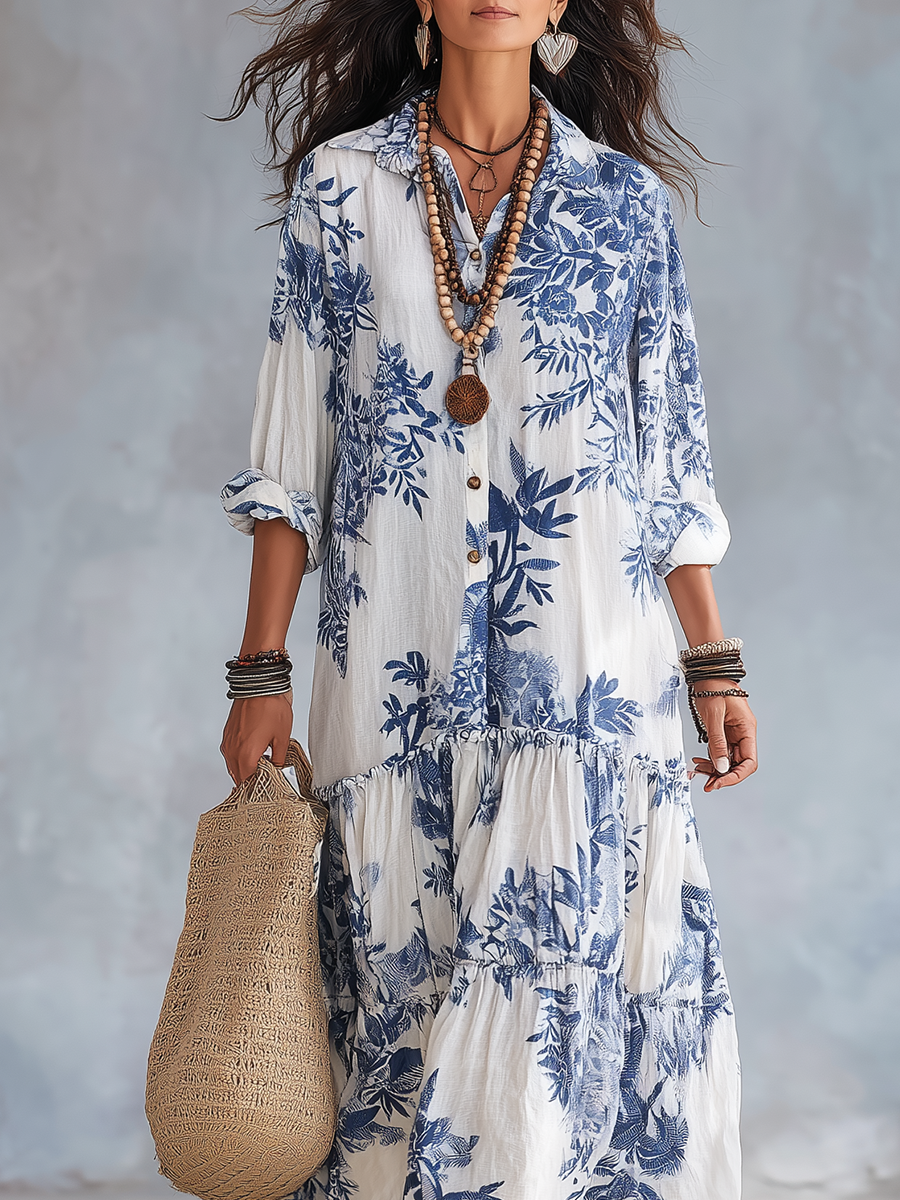 Blue Floral Button-Down Maxi Dress – Boho Vacation Style