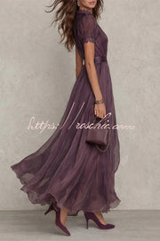 Lace Trim Keyhole Puff Sleeve Chiffon Maxi Dress
