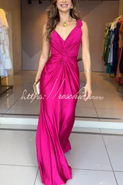 Satin Knot-Strap Sleeveless Maxi Dress with Side Slit