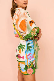 Linen Blend Printed Belted Shirt Mini Dress