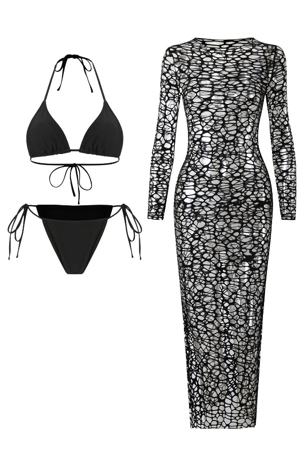Bikini Set with Long-Sleeve Hollow Cover-Up Maxi Dress