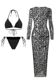 Bikini Set with Long-Sleeve Hollow Cover-Up Maxi Dress