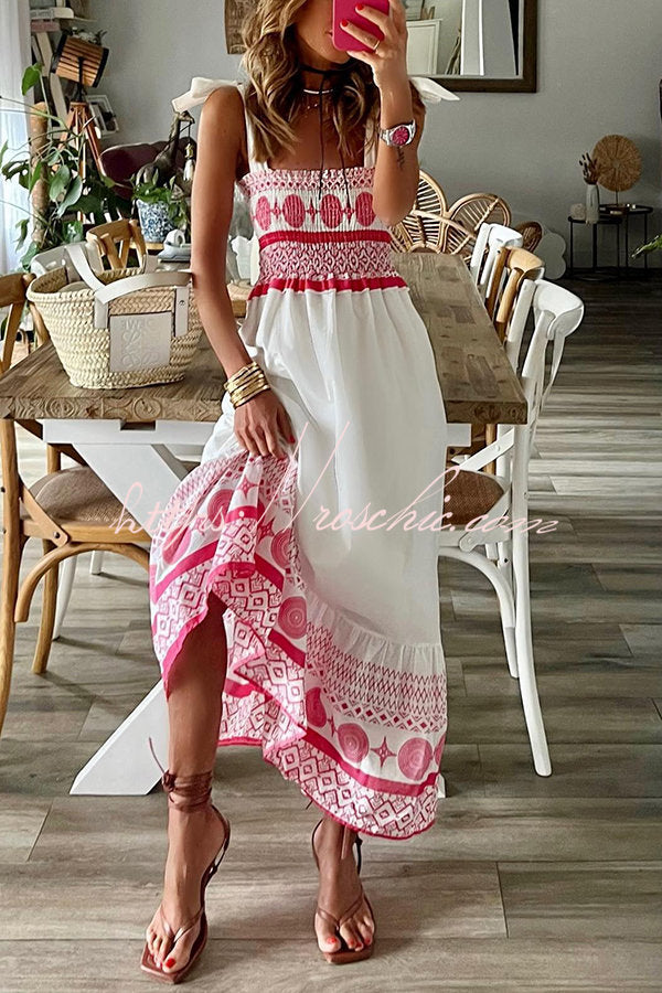 Ethnic Printed Smocked Maxi Dress with Shoulder Ties