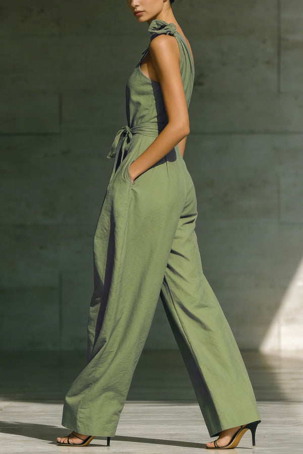 Combinaison asymétrique sans manches à jambe large avec poches
