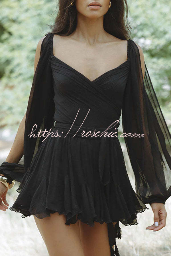 Chiffon Mini Dress with Balloon Sleeves and Back Lace-Up