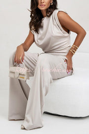 Ruched Shoulder Wide Leg Pants Set with Pockets