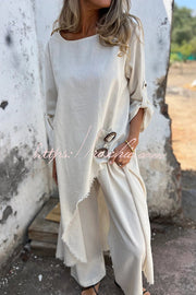 Linen Blend Midi Blouse and Wide-Leg Pants Set
