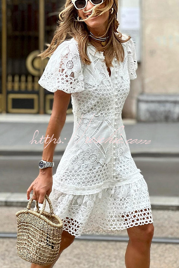 Crochet Lace Puff Sleeve Button-Up Mini Dress
