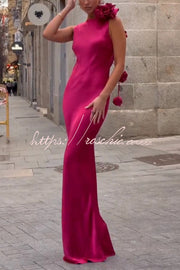 Satin Floral Embellished Backless Maxi Dress – Slim Fit