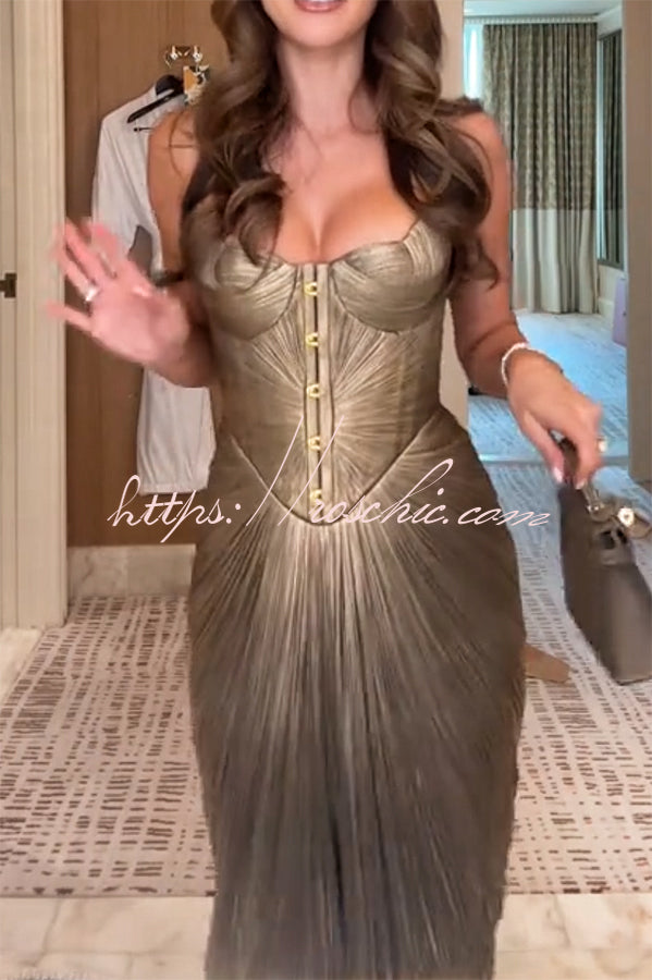 Metallic Pleated Maxi Dress with Sweetheart Bodice & Lace-Up Back