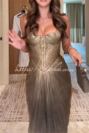 Metallic Pleated Maxi Dress with Sweetheart Bodice & Lace-Up Back