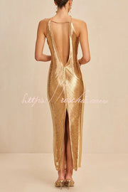Metallic Halterneck Backless Maxi Dress with Fringe Slit