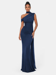 One Shoulder Formal Evening Gown with Built-In Bra, Ruched Mesh